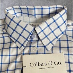 Collars & Co Polo Shirt Mens S Blue White Check Plaid Grid Dress Collar Golf NWT